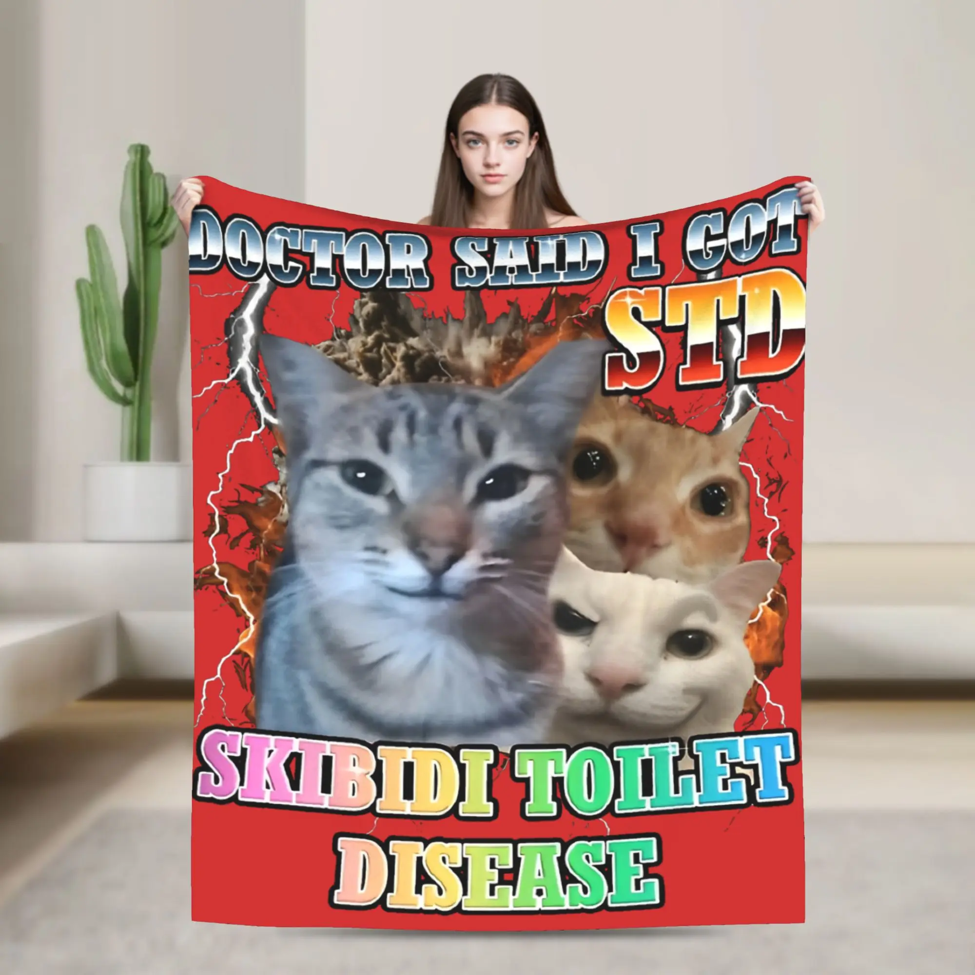 Skibidi Toilet Disease Funny Cat Meme Blanket  Camping Flannel Throw Blanket For Bedroom Warm Soft Customized Quality Bedspread