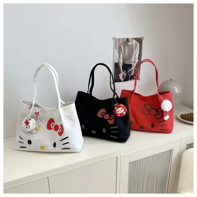 Sanrio Hello Kitty Canvas Tote Bag for Women - Large Cute Cartoon Shoulder Bag Fashion Versatile Commuting Handbag