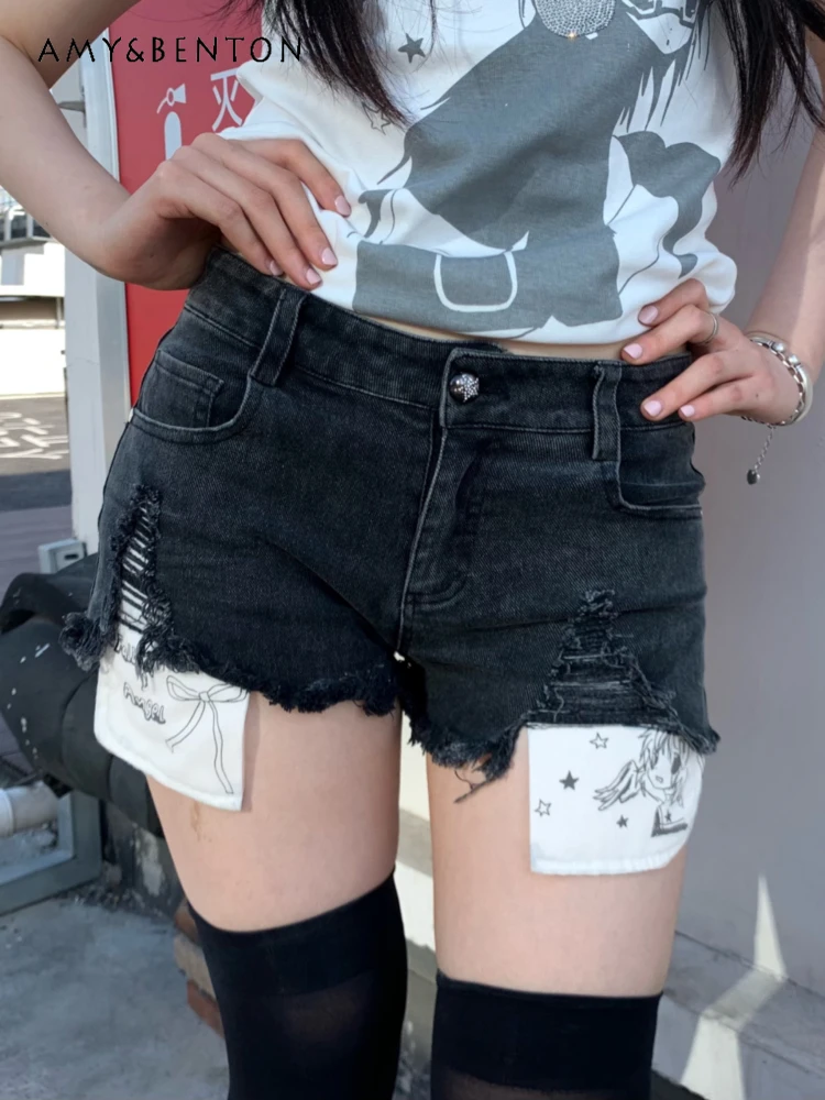 

Spice Girl Anime Cartoon Printed Pocket Denim Shorts Washed Ripped Versatile High Waist Shorts Summer New Sweet Cool Y2K Pants