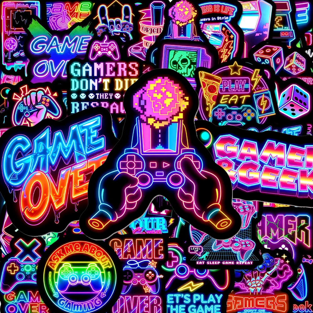

10/30/50pcs Cool Cartoon Video Games Gamepad Neon Light Stickers Creative Graffiti Decals Notebook Guitar Car Decoration Sticker
