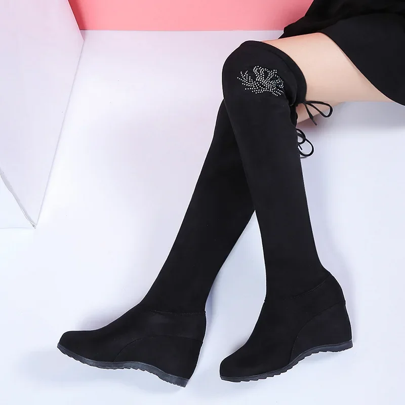 Suede Knee High Boots Women Skinny Fashion Stretch Boots Ladies High Heel Long Boots Comfy Winters Wedge Platform Boots Femme