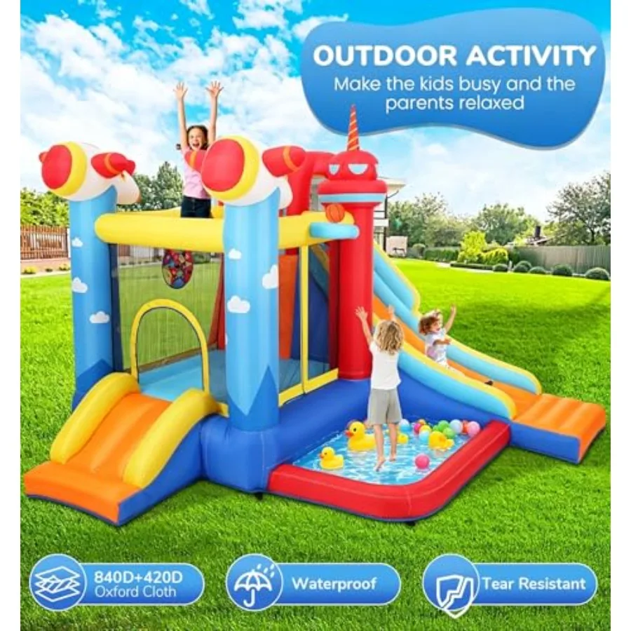 Inflatable Bounce House Water Slide, 7-in-1 Bouncy Castle Combo Water Pool Bouncing Area Slides Basketball Game Dart Game, Jump