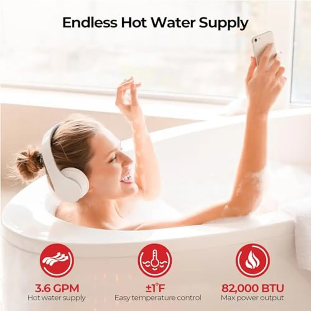 Tankless Gas Water Heater Indoor 82,000 BTU Natural Gas 3.6 GPM Continuous Hot Water Compact Design Anti-Freeze Protection Easy