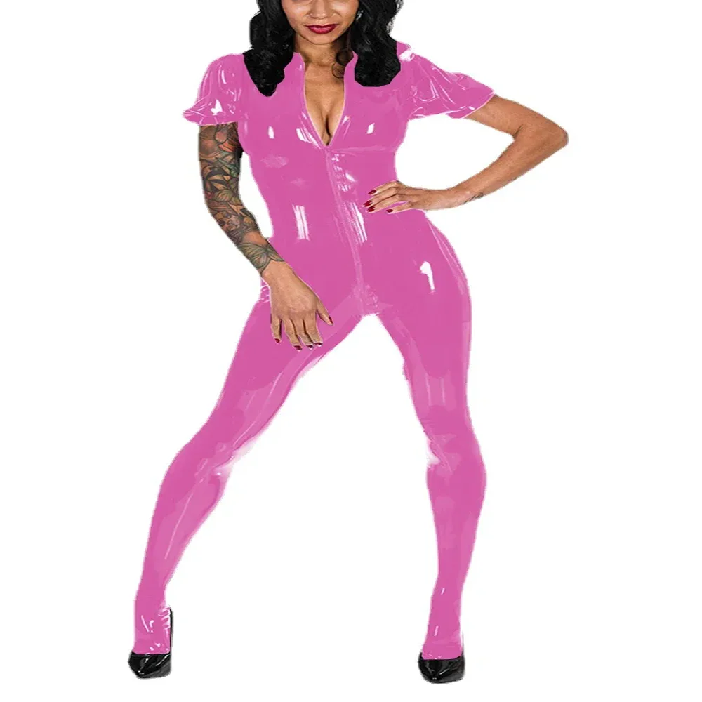 Plus Size Slim Women Jumpsuits Sexy Front Zipper Bodysuits Short Sleeve Catsuits Wetlook Faux Latex Turn-down High Street Wear