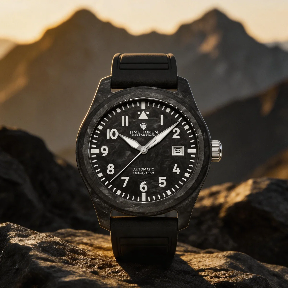 Tactical Outdoor Men Automatic Wristwatch Time Token Carbon Fiber 100M Waterproof Luminous Numerals Date Sport Rubber Watch T537