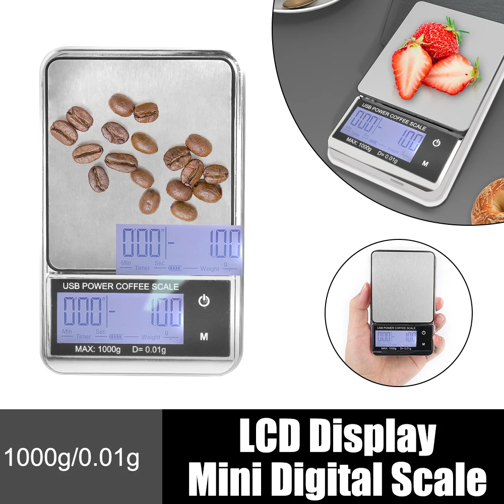 Mini Pocket Scale 1000g/0.01g Auto Timer High Precision Digital Kitchen Coffee Scale Electronic Scale Cyclic Rechargeable