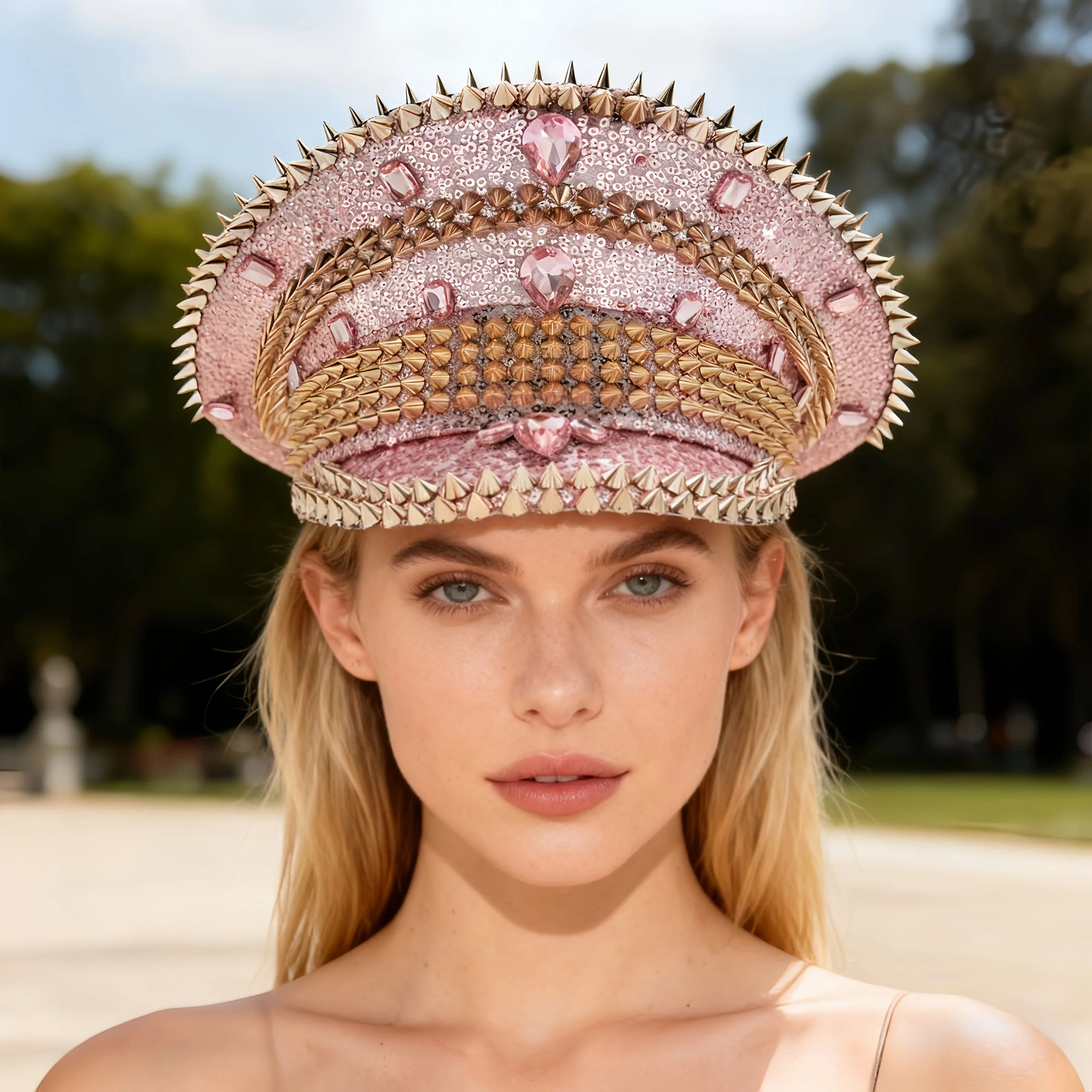 

HongLuan Yellow Laser Leather Loop Captain Hat Rhinestone & Military Caps for Woman, Rave Festivals Accessories ＆ Party Cap Man