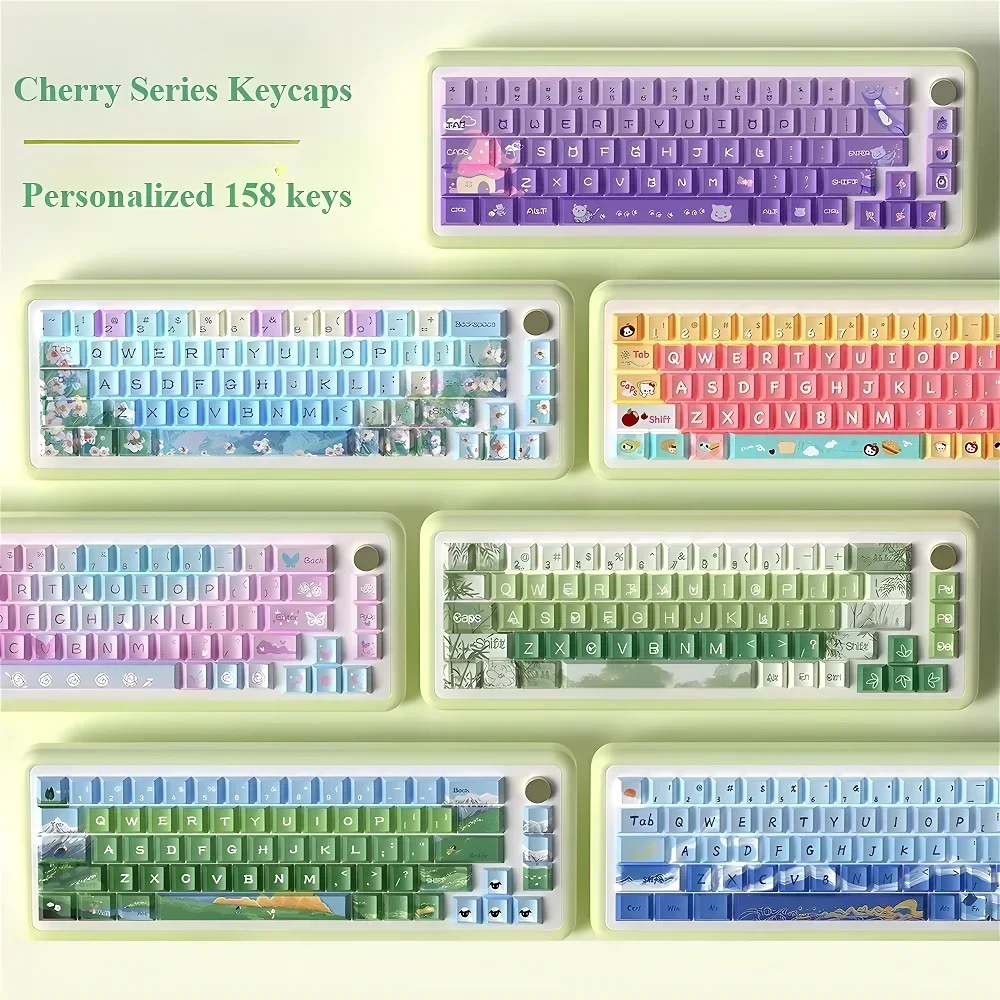 

Cute Personalized Cherry Keycap Set PBT Creative Large Set 158 Keys Cartoon for MX Switch Gaming Mechanical Keyboards