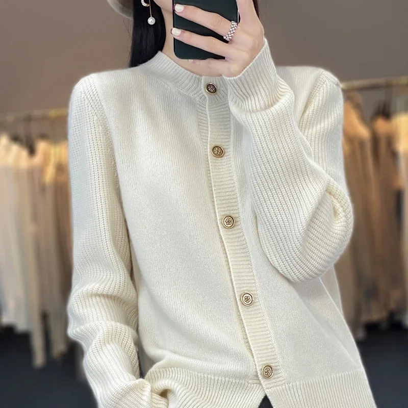 

100% Pure Wool POLO collar knitted Cardigan for Women. 2024 Autumn And Winter new Women's Long Sleeves. Fashion Jacket Loose fit