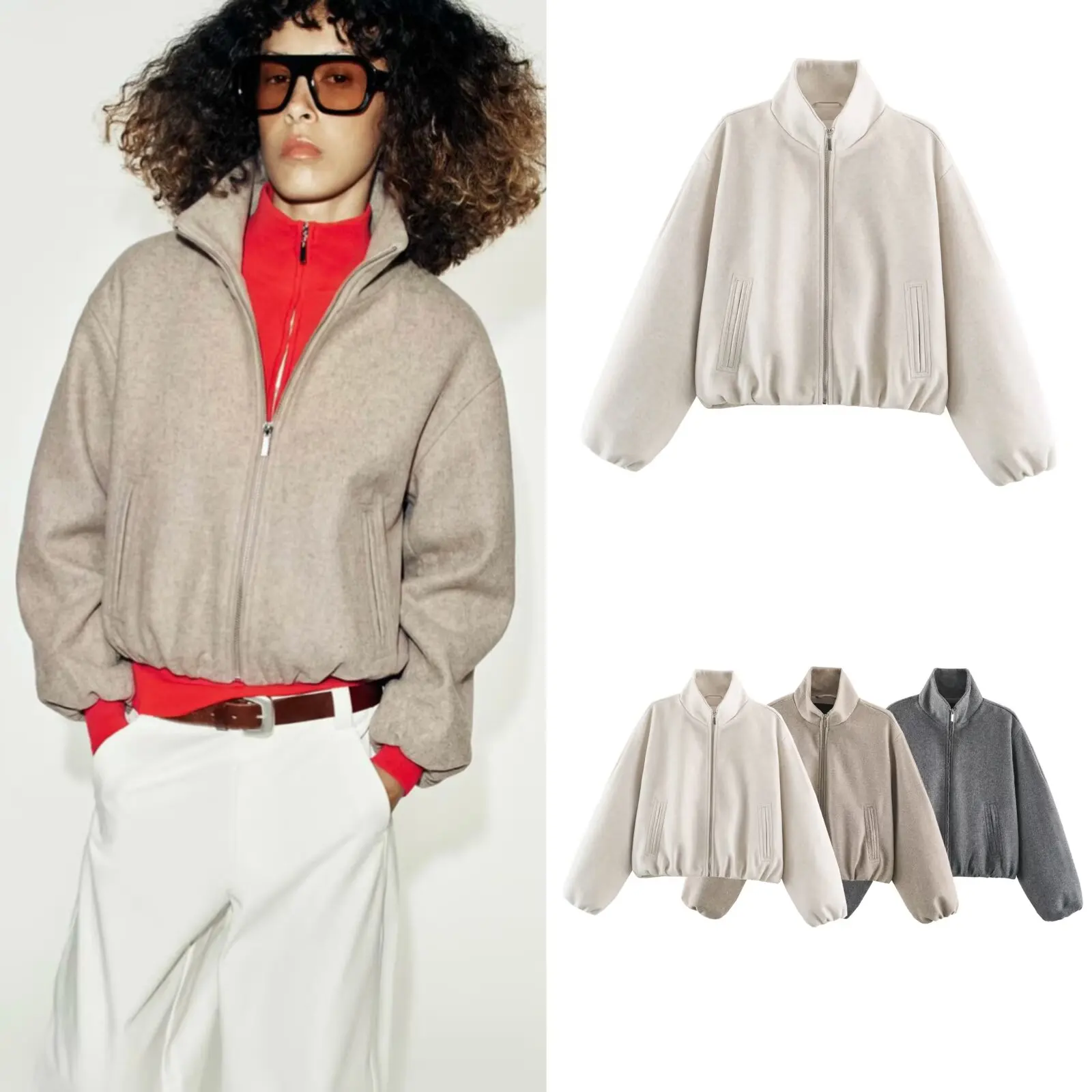 Fashionable Early Autumn Pilot Jacket Women's Short Outerwear Stand Collar Zipper Closure Polyester Fiber Slim Fit Style