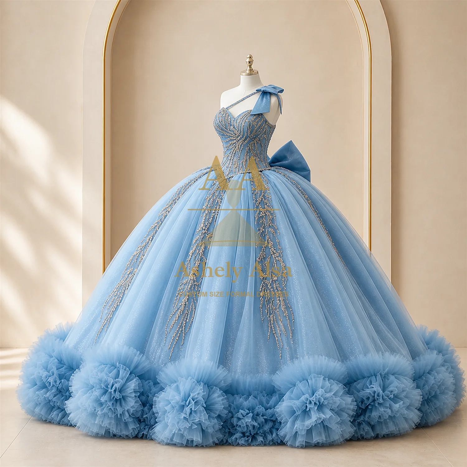 Quality Sky Blue Quinceanera Dress For 15 16 Year Girl One Shoulder Sequined Applique Bow Ruffle Prom Birthday Party Custom SA92