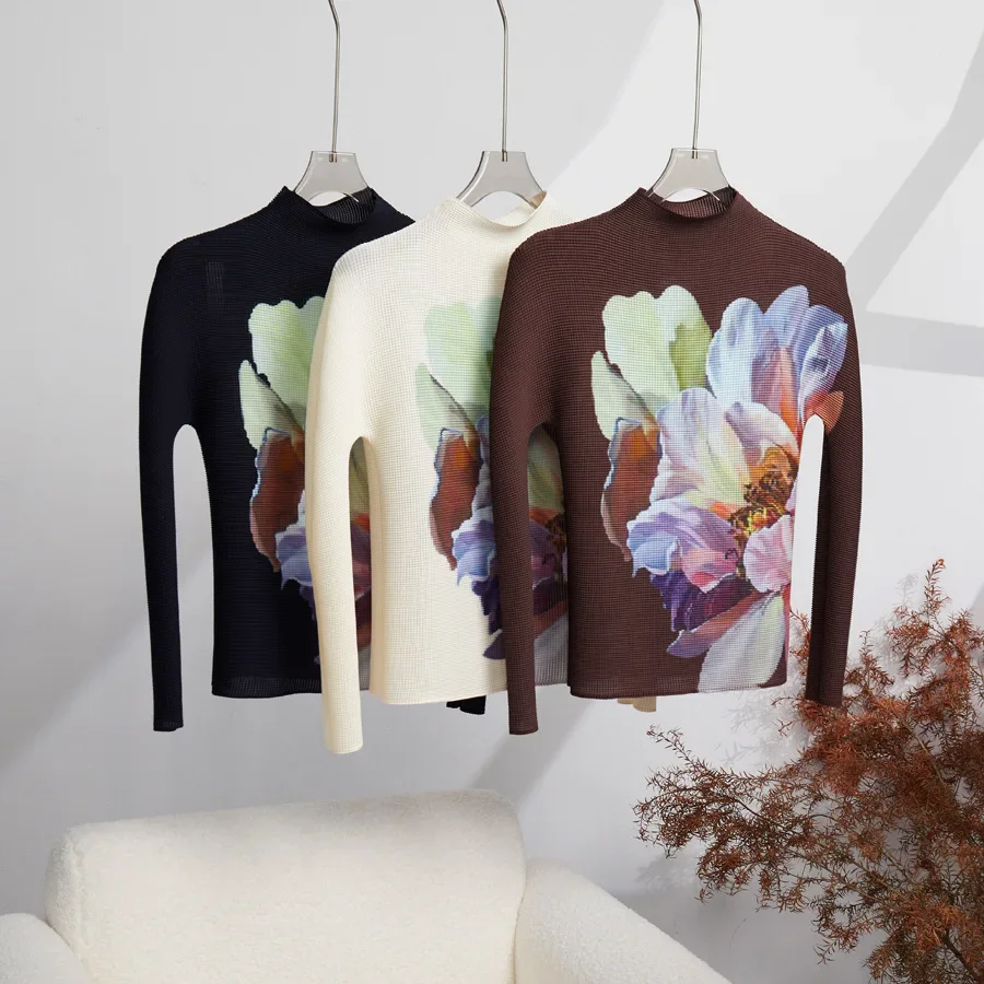 Conjunto de 2 piezas para mujer, Jersey cuello alto y elástico con estampado de flores, Top y falda larga plisada, primavera y otoño