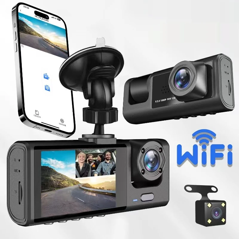 3-Kanal Auto Dashcam WiFi Full HD 1080P Nachtsicht G-Sensor Rückfahrkamera Autokamera