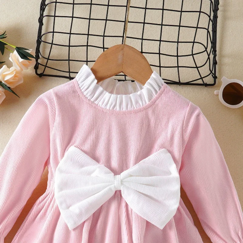 Vestido de princesa de manga larga para niñas, ropa informal plisada con lazo, versión coreana, 0 a 2 años, verano 2024