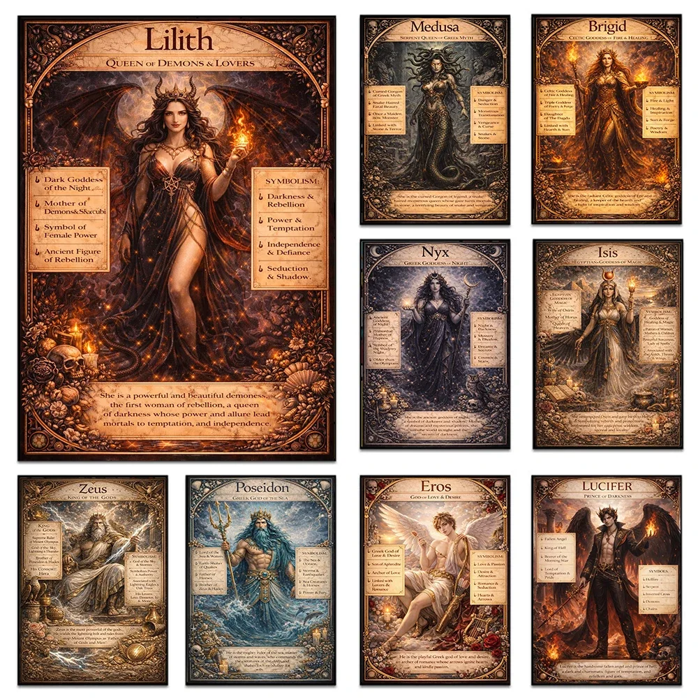 Greek Mythology Goddesses Canvas Wall Art Lilith Medusa Canvas Painting Vintage Zeus Poster Prints for Living Room Home Decor