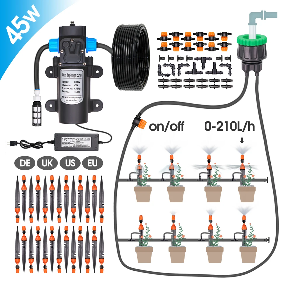 

RBCFHI 45W Garden Diaphragm Pump Watering Irrigation Kit 2-IN-1 Misting Drip Sprayer Self-priming Pump System 110-240V Power