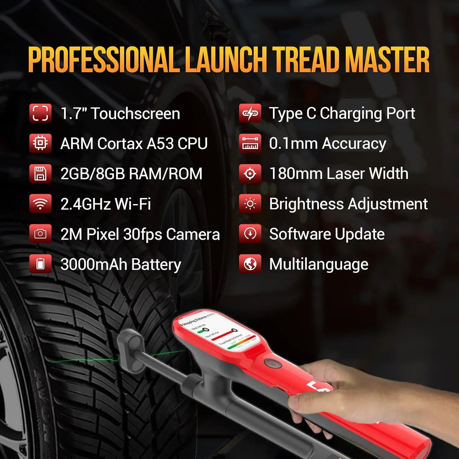 إطلاق X431HTD180 Tread Master مقياس عمق الإطارات بالليزر المحمول 0.1 مم دقة عالية بيانات في الوقت الحقيقي يدعم اتصال Wi-Fi