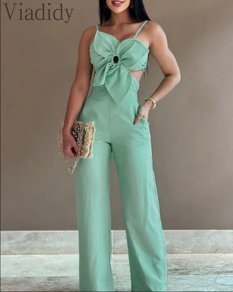 

Women Sexy Solid Color Sleeveless Hollow Out Backless High Waist Wide Leg Jumpsuits