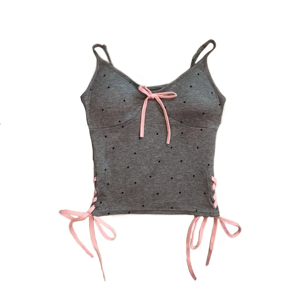 

Sweet Dots Strap Vest Tops Tank Lace-up Camisole with Pads Sleeveless Drawstring Y2K Slim Crop Top Girls