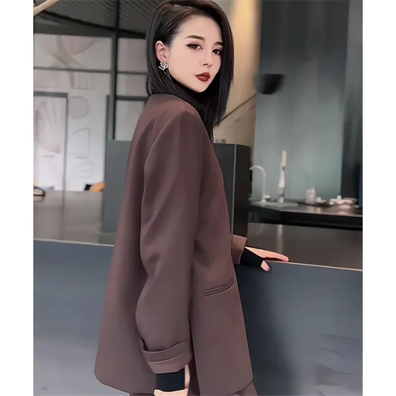 Autumn Winter Temperament Suit Suit Women2024New Fashion Loose Casual Tops Pants Pure Colour V-Neck Two-Piece Suit Blazer Female