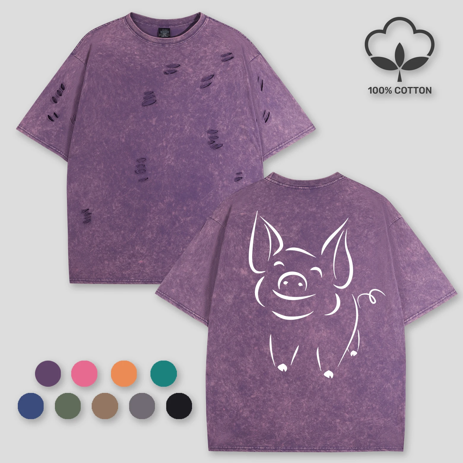 

A Lovely Pig Cartoon Design Women Washed Holes T-Shirts Summer All-Match Short Sleeve Cotton O-Neck Clothes Loose Woman Tops