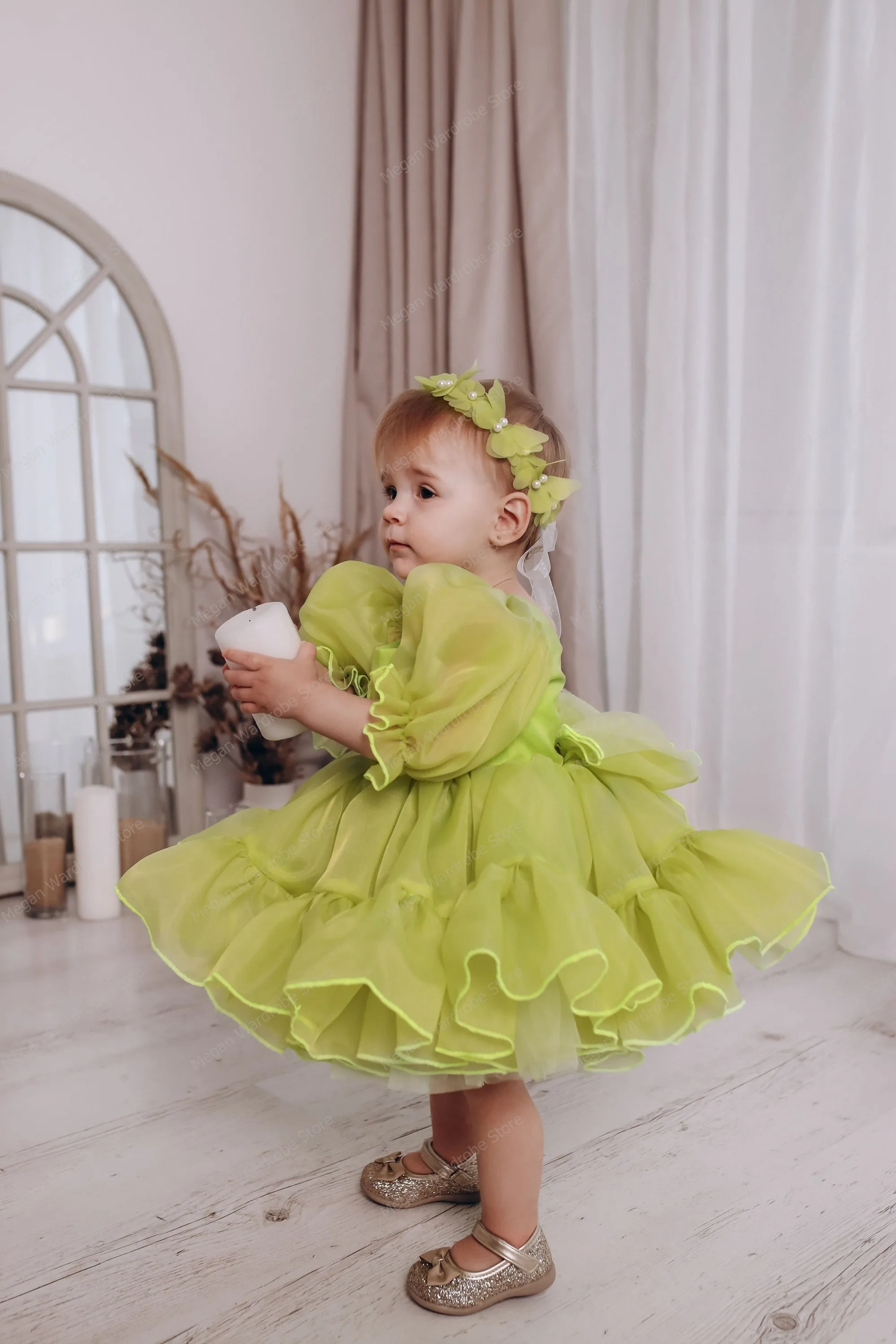 Cutte Army Green Tulle Flower Girls Dresses Child Birthday Party Baby Girl Maxi Ball Gown To Photography Communion Evening Gowns