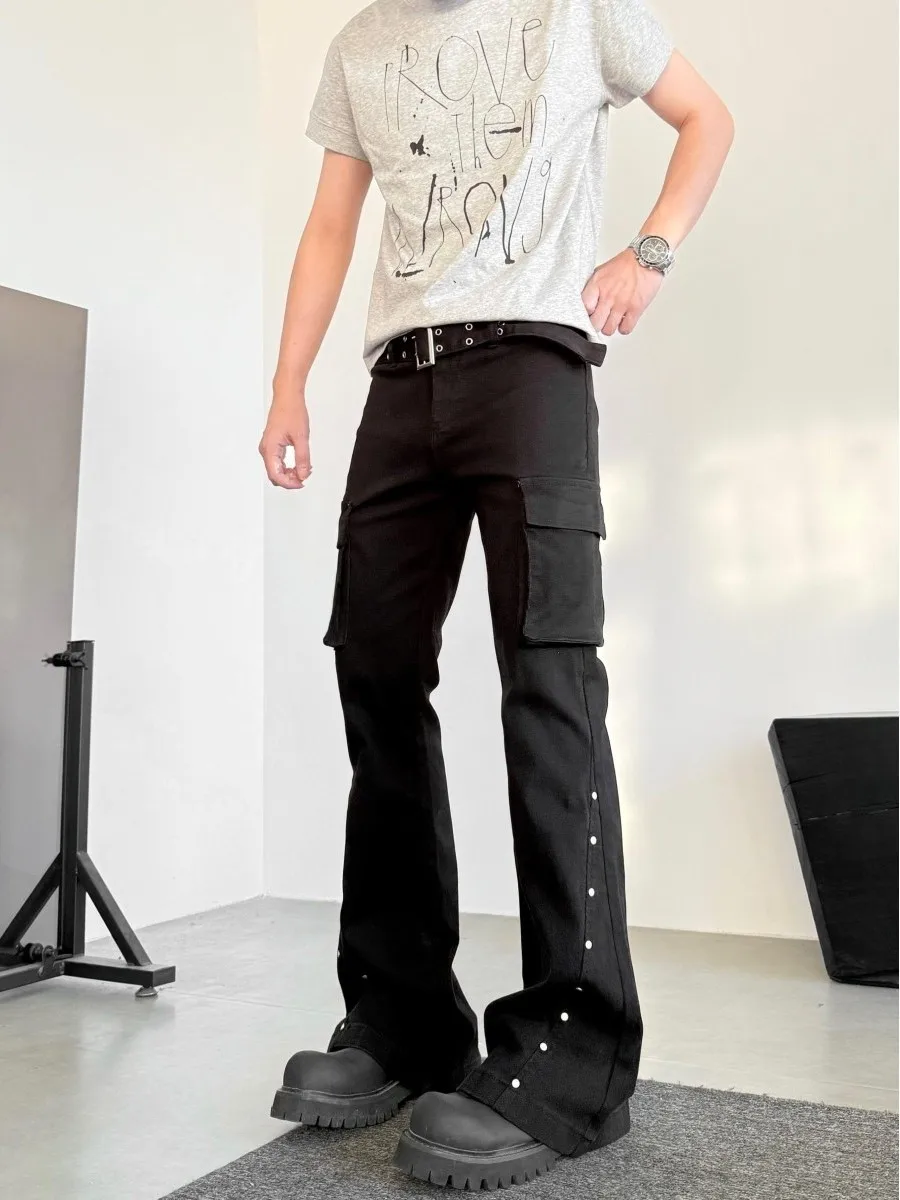 American Style Slim Fit Jeans Metal Rivet Patchwork Gun Tube Pants Street Style Multi Pocket Men's Casual Trousers