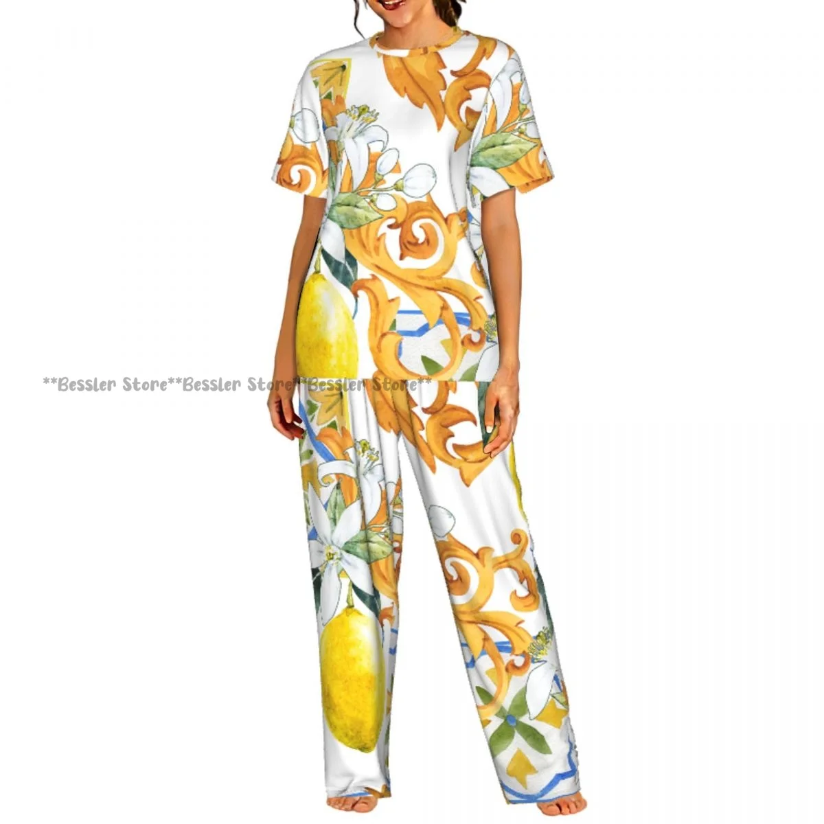 

Golden Monograms And Flowers Of Lemon Pajamas Set Short-sleeved Women Home Clothing