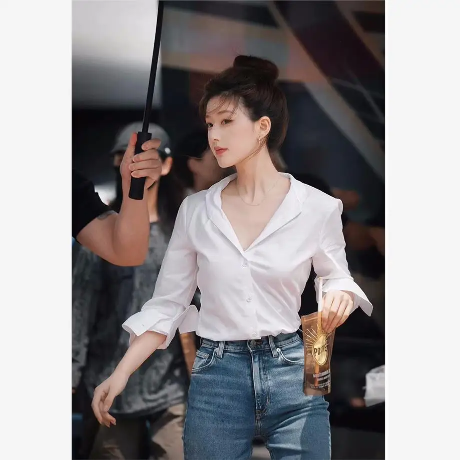 

Ele White irt Women's Profional Sle Loose Fit Long Sve Collar Button down Versatile Faion Autumn Top