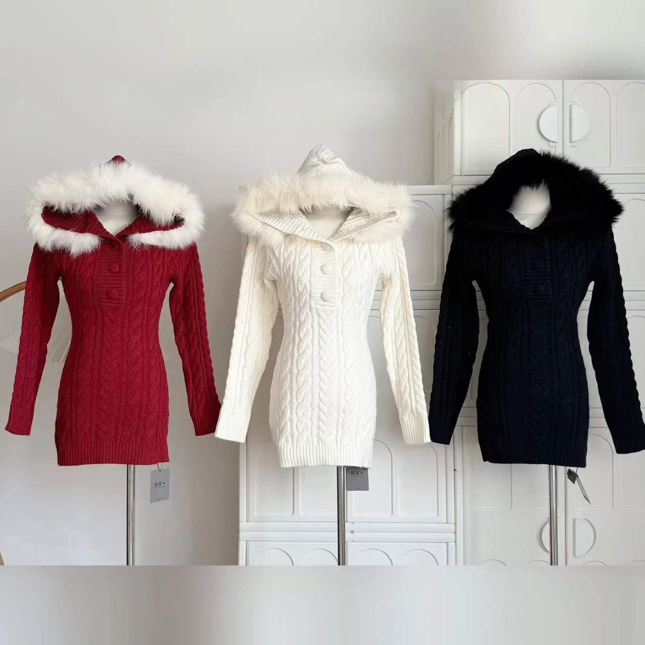 

Fox Fur Collar Waist Cinched Slimming Hooded Sweater Red Knitting Dress for Women Autumn/Winter Spicy Girl Wrap Hip Mini Dress