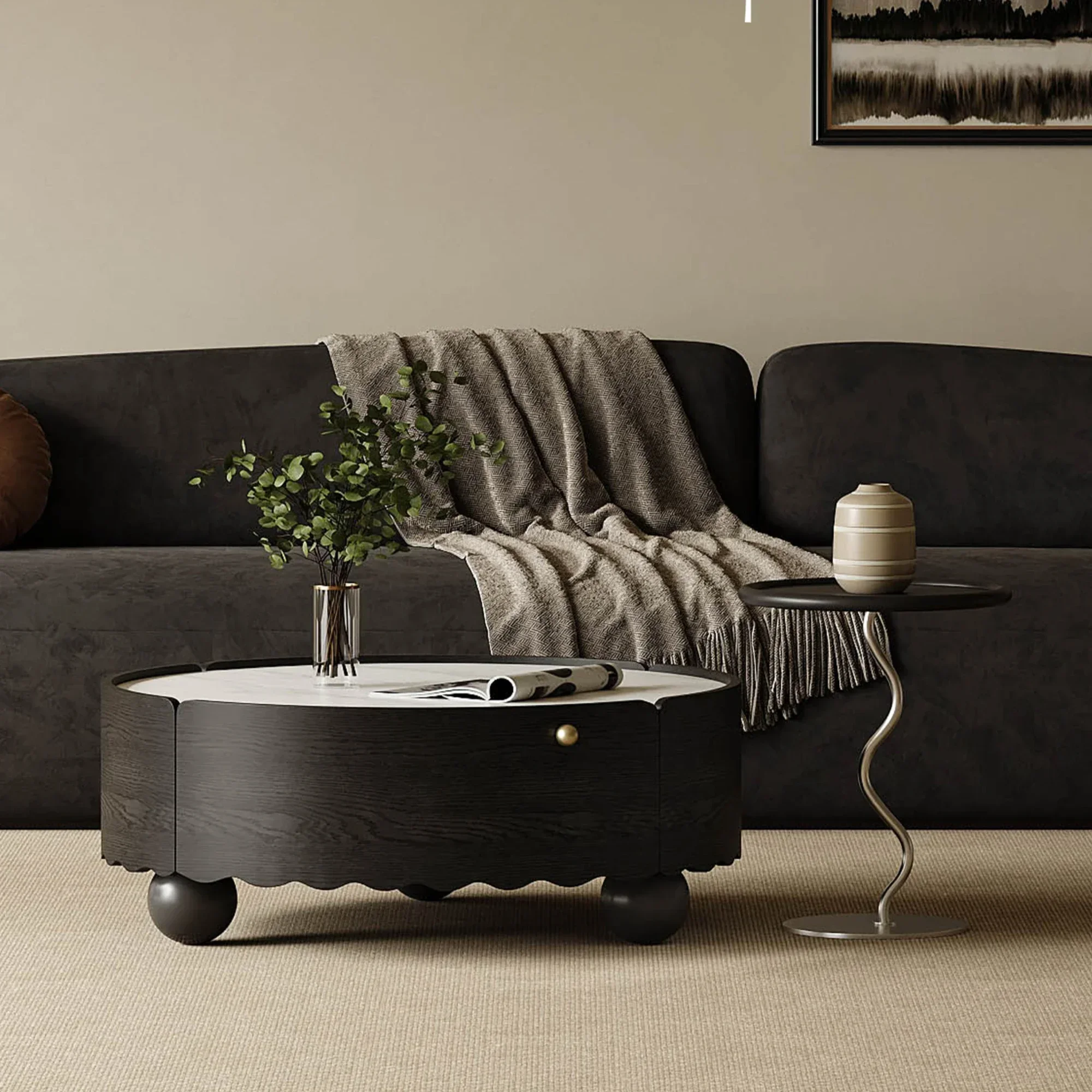 

Stone Plate round Tea Table Italian Living Room Home Black