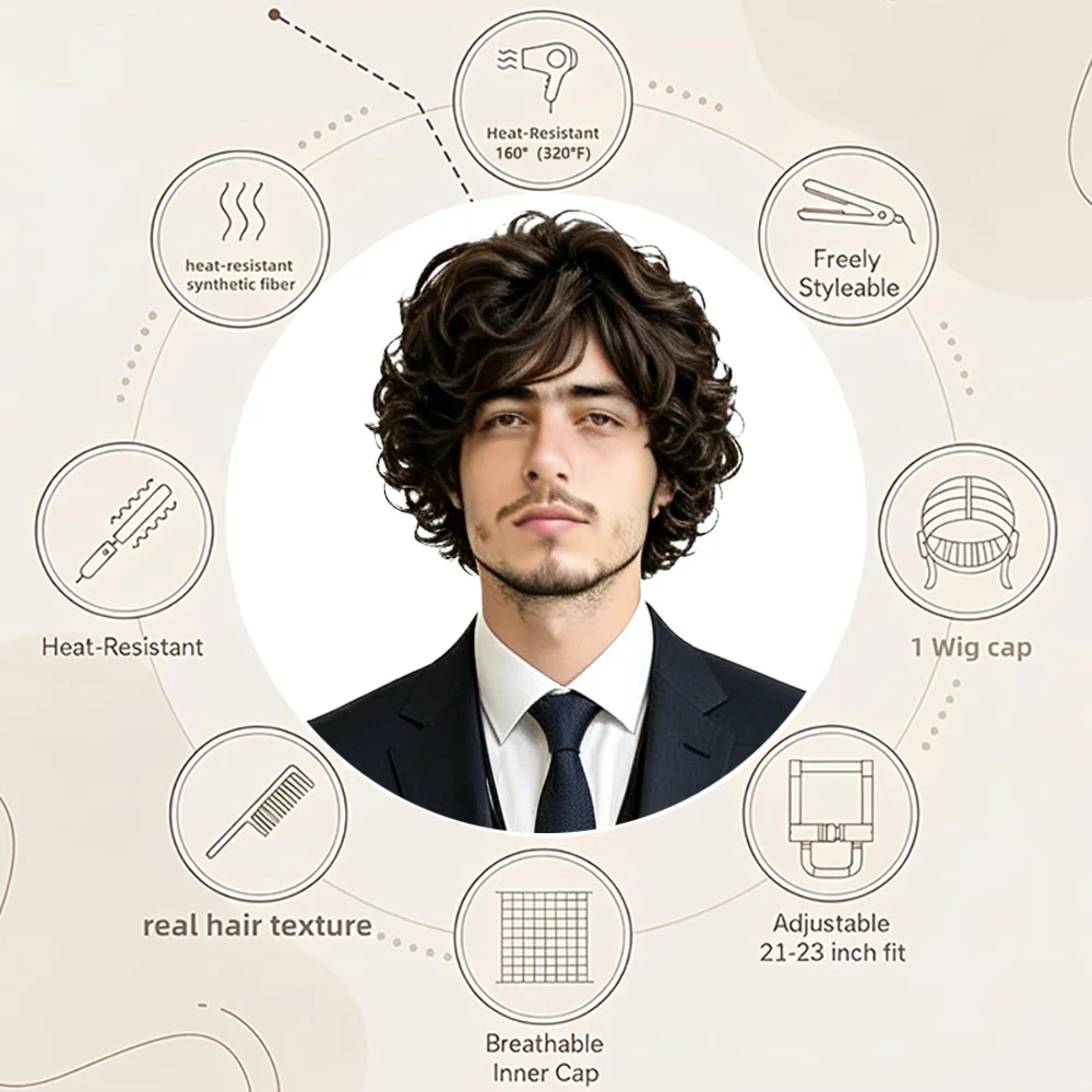 Men Dark Brown Short Curly Wig Natural Fluffy Retro Wavy Heat Resistant Synthetic Wig For Cosplay Party Daily Wear