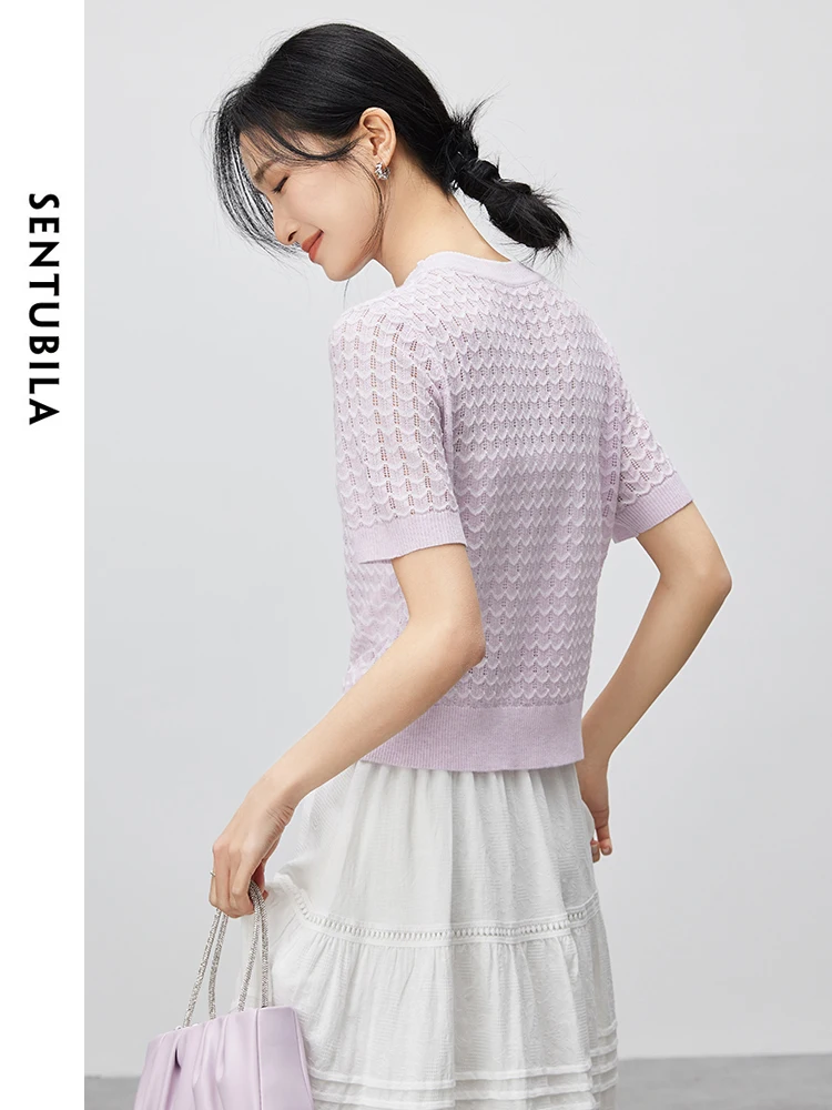 SENTUBILA Hollow Out Striped Knit Tops Summer Sweater Women 2024 Summer Fashion Elegant Short Sleeve Knitted Tshirts W42H55017