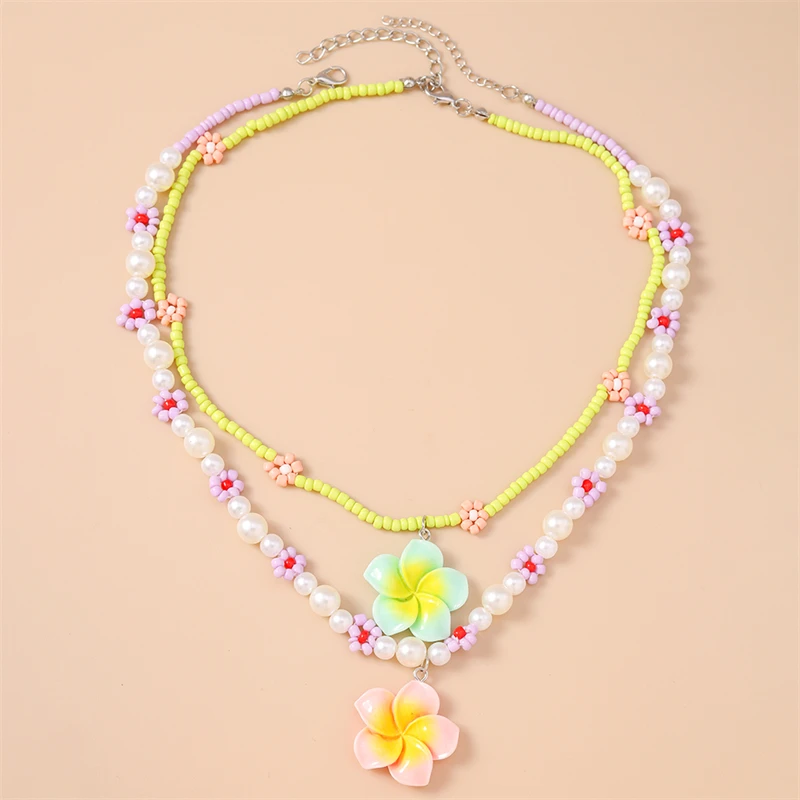 

2Pcs/Set Fashion Handmade Beads Necklaces for Women Flower Pendant Necklaces Girls Party Festival Jewelry Gifts