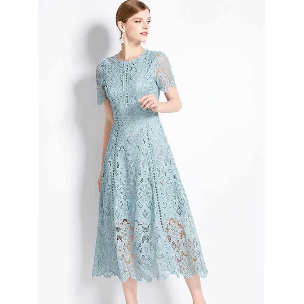 

Elegant 2024 Summer Slim Elegant Long Dress Vintage High-End O-Neck Short Sleeve Lace Hollow Out Dress For Women's