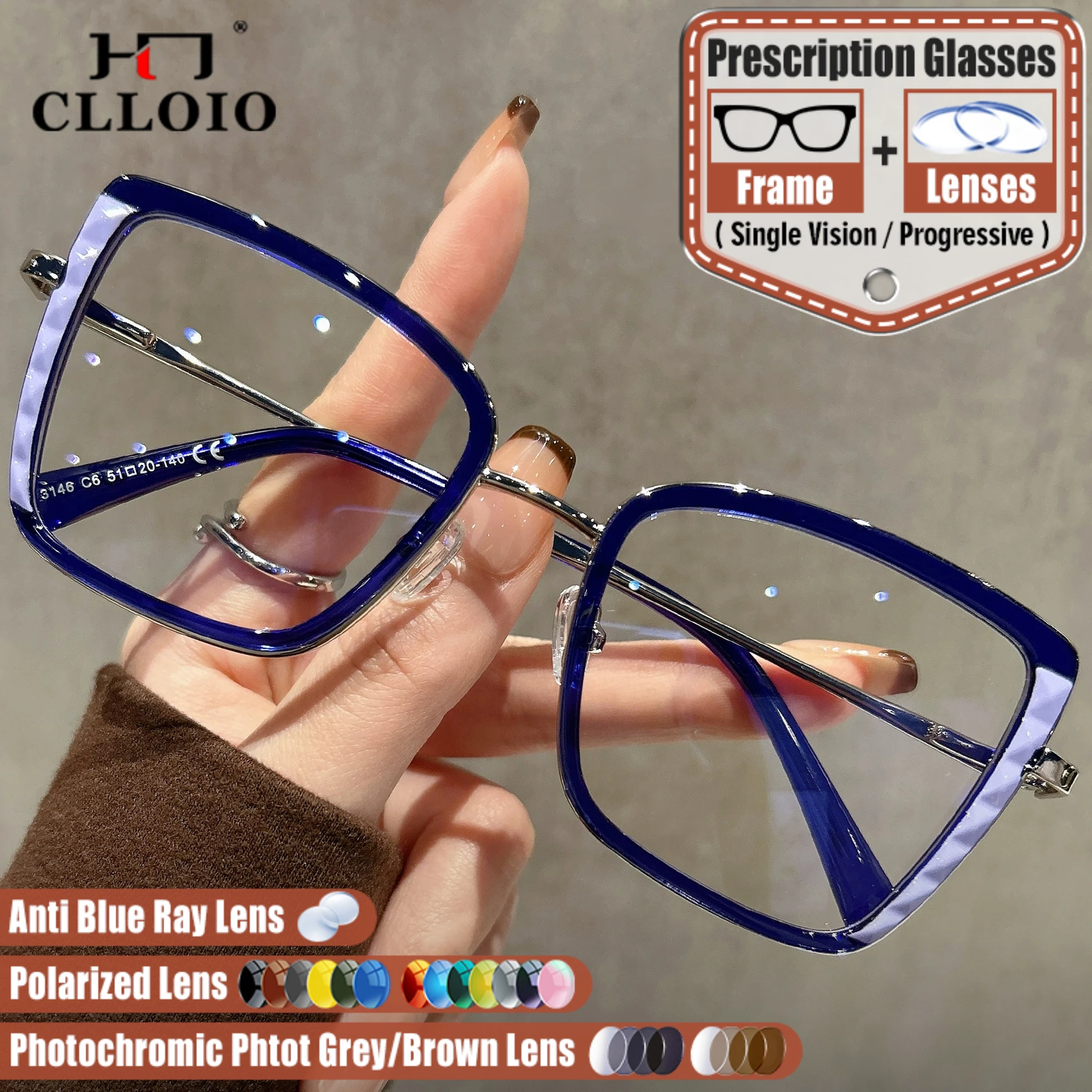 

CLLOIO 2025 New Fashion Prescription Glasses Women Anti Blue Ray Myopia Eyeglasses Geometric Butterfly Frame Progressive Eyewear
