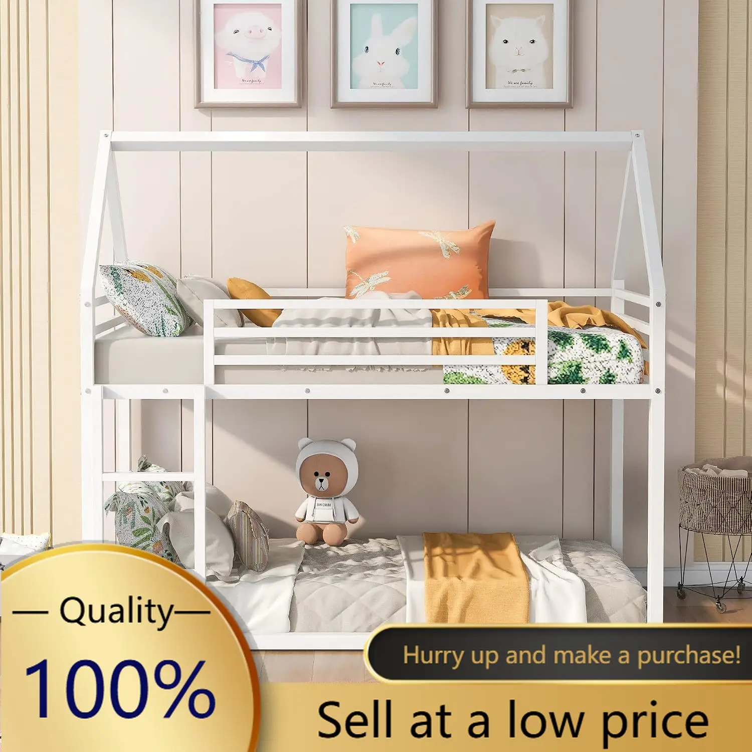 Twin Over Twin House Bunk Bed with Built in Ladder, Metal Bunk Bed Frame, Space Saving Design, High Guardrails, Reversible Ladde