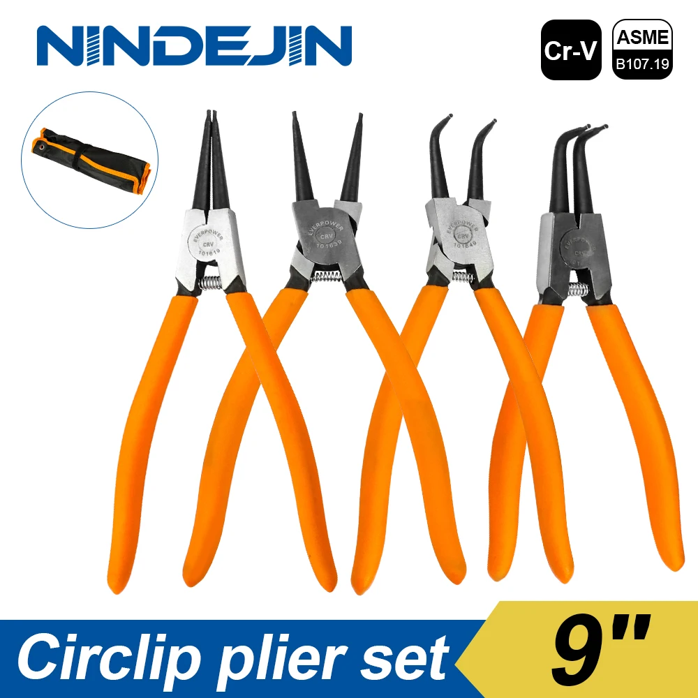 NINDEJIN 4pcs external internal circlip plier set 9 inch Cr-V snap ring C clip plier set retaining ring pliers set