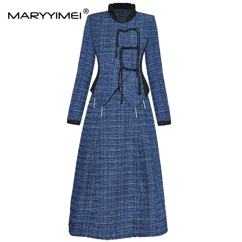 

MARYYIMEI Autumn Fashion Suit Standing collar Long sleeved Topcoat＋Crystal Skirt Coarse woolen England Style Two Pieces Set