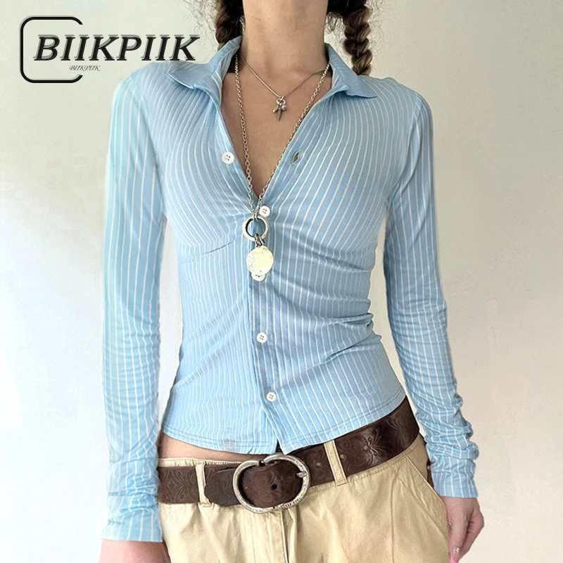 

BIIKPIIK Casual Striped T-shirts All-match Slim Fit Full Sleeve Women Tees Elegant Polo-neck Blouses Autumn Fashion Sweet Outfit