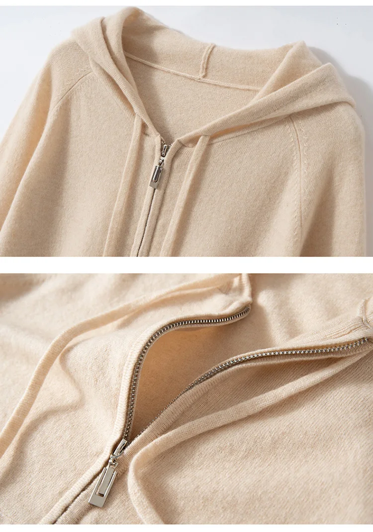 

MEETCC Women's 100% Cashmere Zippered Cardigan Cashmere Knitwear Hooded Loose Coat Autumn Winter Soft Warm Pockets Jacket