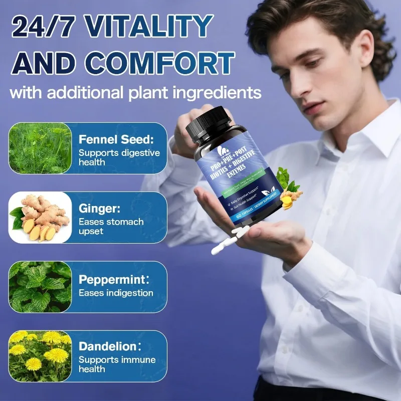 Cápsulas de probióticos de probióticos de enzima digestiva que contienen cáscara de semilla de Plantago - Soporte para la salud inmune digestiva intestinal