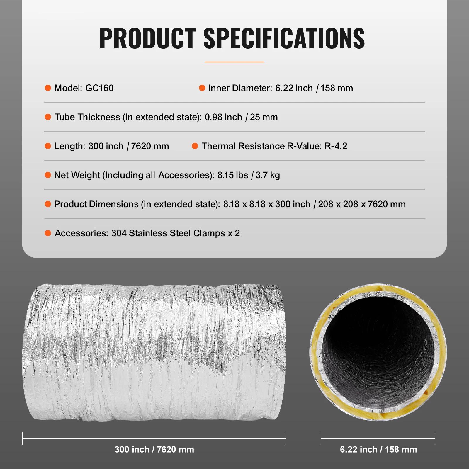 Dryer Vent Hose, 6'' Insulated Flexible Duct 25FT Long with 2 Duct Clamps, Heavy-Duty Three Layer Protection for HVAC Heating Cooling Ventilation and Exhaust, R-4.2 Flame Resistance Value view 6