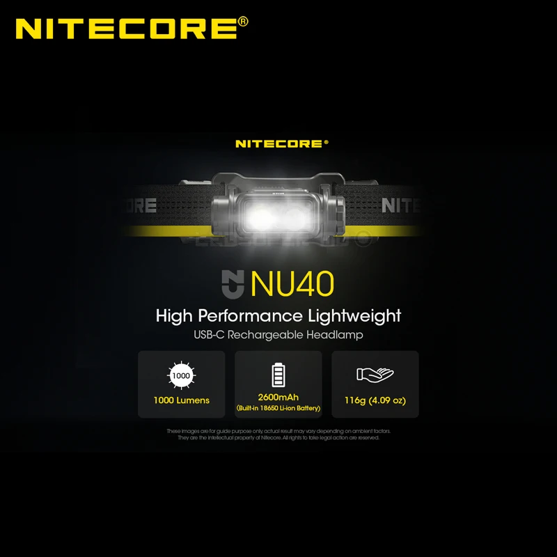 Fishing Light NITECORE NU40 1000 lumen USB-C Rechargeable Running Headlamp Built-in 18650 Li-ion Battery