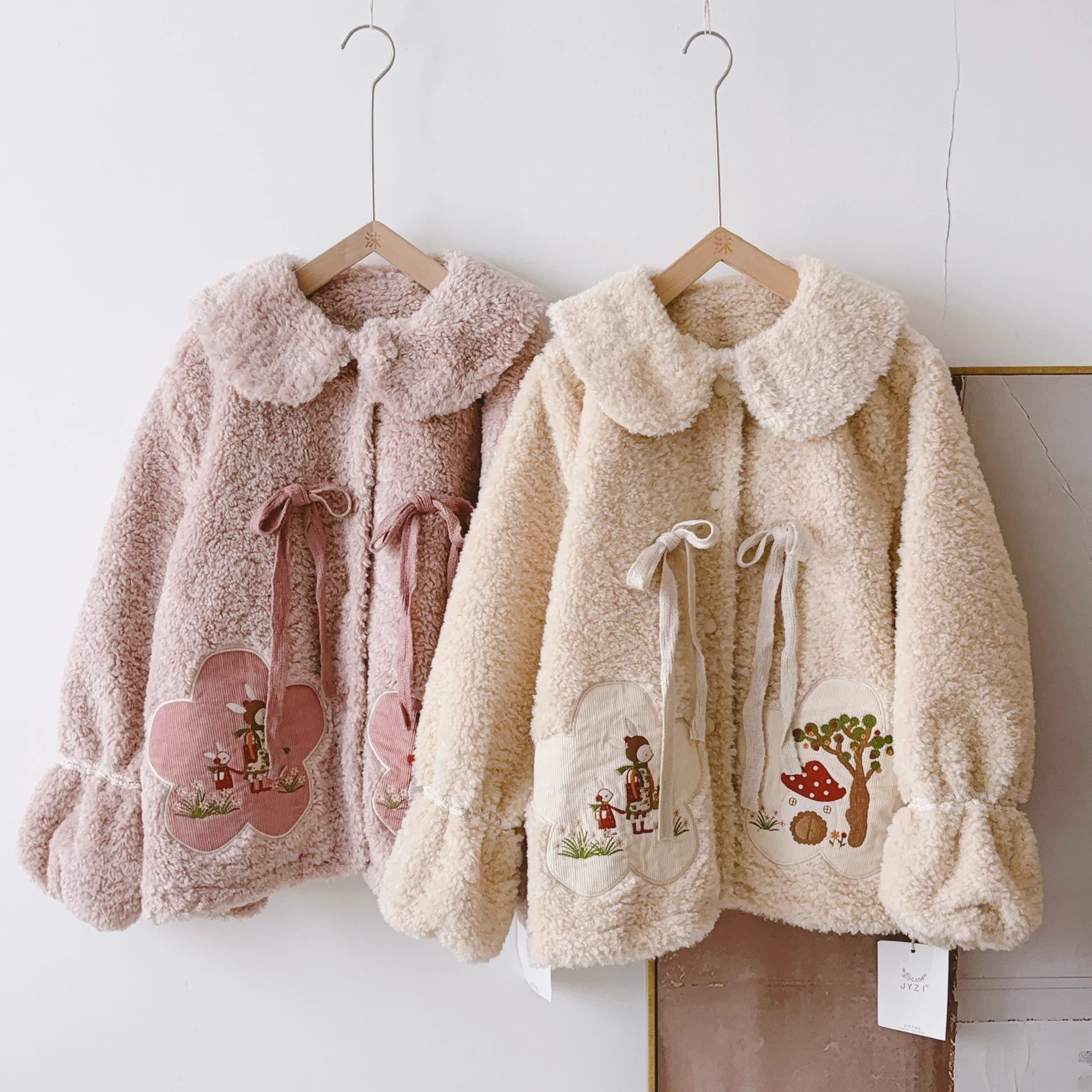 Japanese Vintage Mori Girl Embroidery Thicken Fleece Jacket Outwear Women Winter Kawaii Peter Pan Collar Casual Cotton Coat