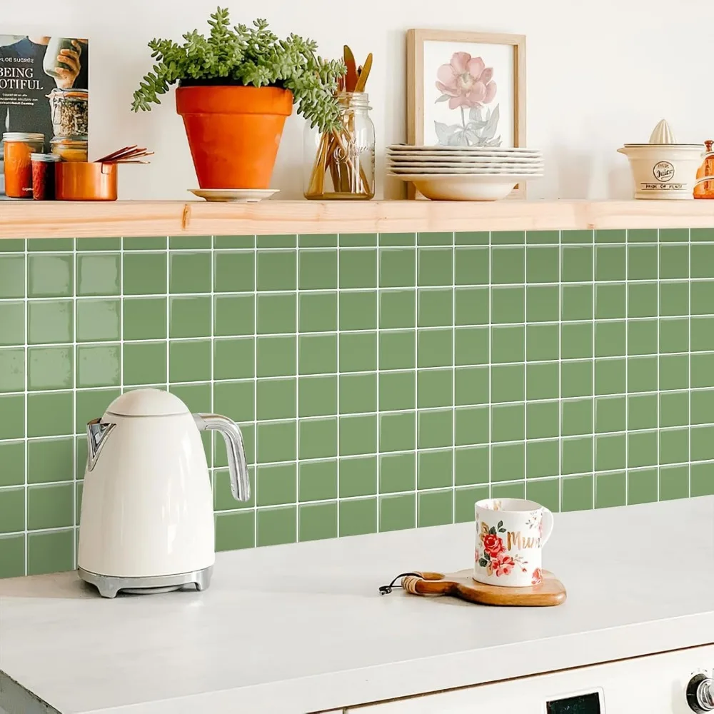 10 Sheets 10"x10" Green 3D Vinyl Backsplash Tiles, Self-Adhesive Peel and Stick Wall Tile Stickers Stick on Subway Tiles for Ki