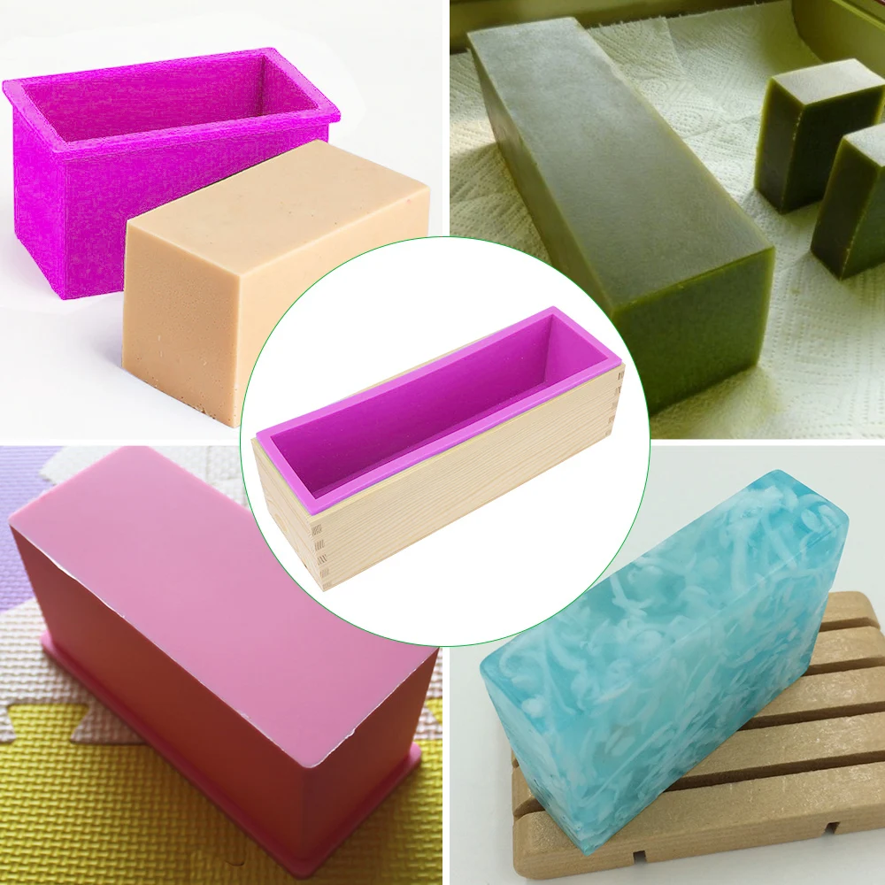 Kitchen Tools Rectangular Silicone Soap Mold with Wooden Box Baking Toast Cake Loaf Mold DIY Handmade Tool