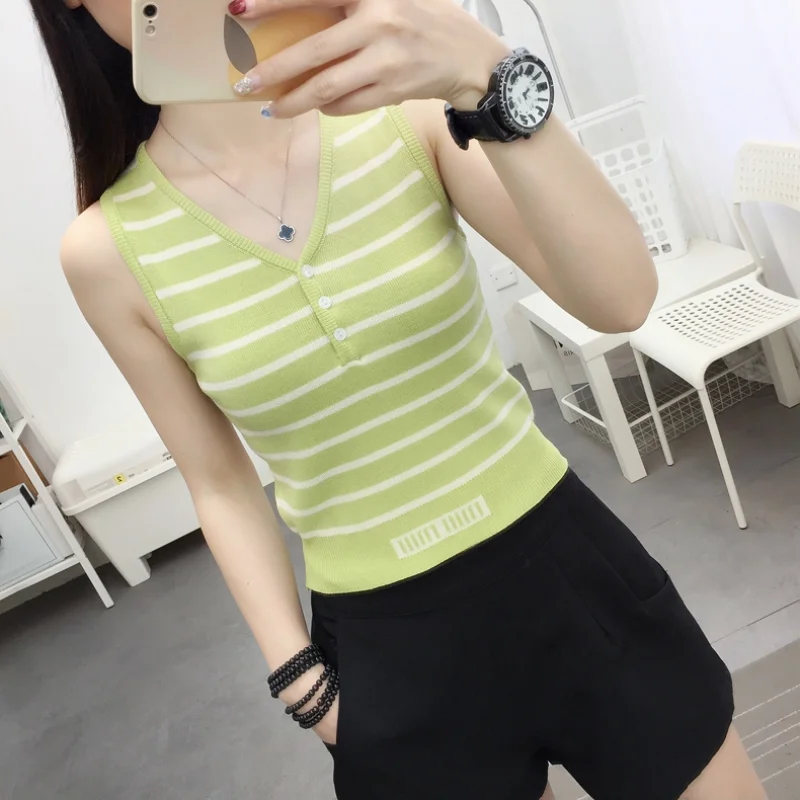 Summer New Short Ice Silk Sling Striped Tank Women\'s V-neck Button Slim Elastic Versatile Fashion Knitted Sleeveless Top 2024