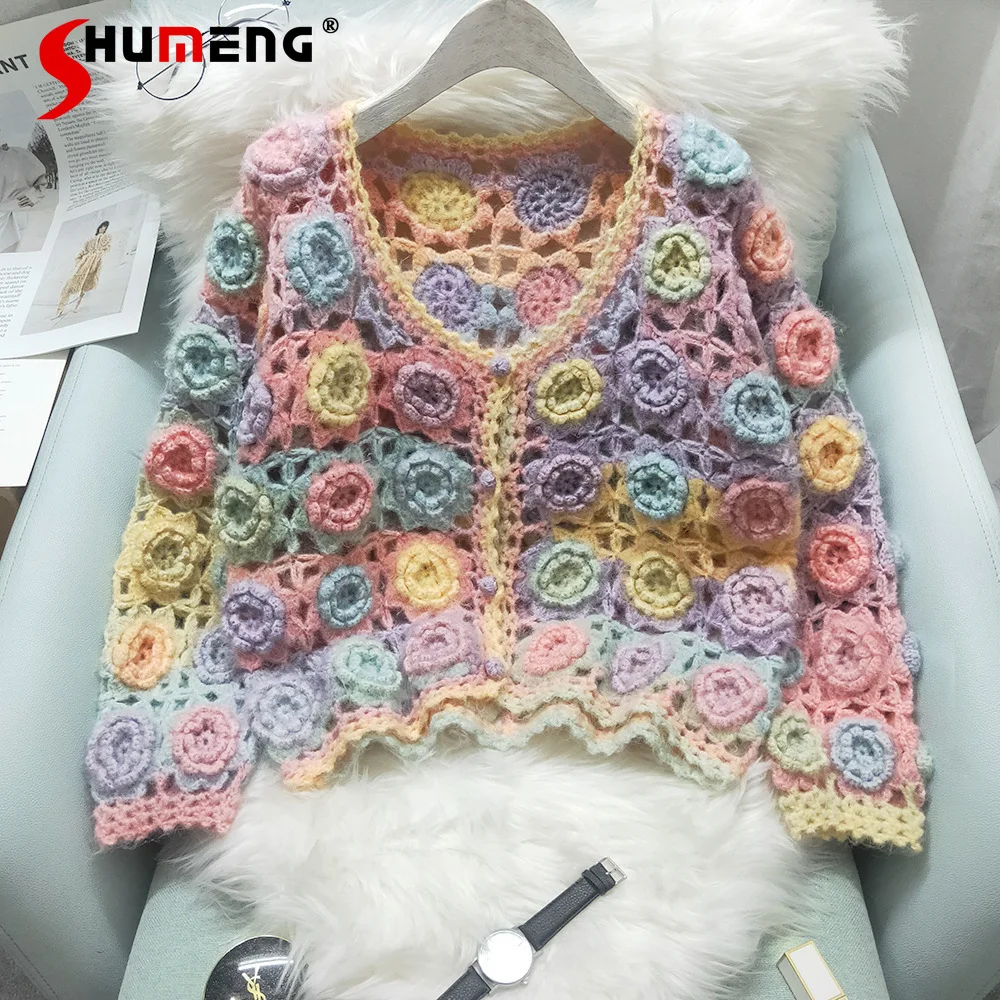 2023 Autumn Winter New Design Knitwear Heavy Industry Manual Rose Crocheted Hollow-out Knitted Cardigan Sweater Top Coat Women