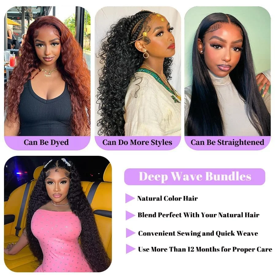 Deep Wave Natural Color Bundles Brazilian Hair Extension Remy Hair Bundles One Weave Unprocessed 1/ 3/4 Pieces
